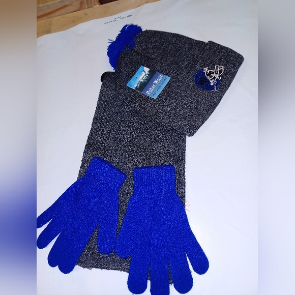 Boys Knit Hat, Scarf And Gloves Set With Patches- Blue/Charcoal One Size, New - Picture 1 of 5